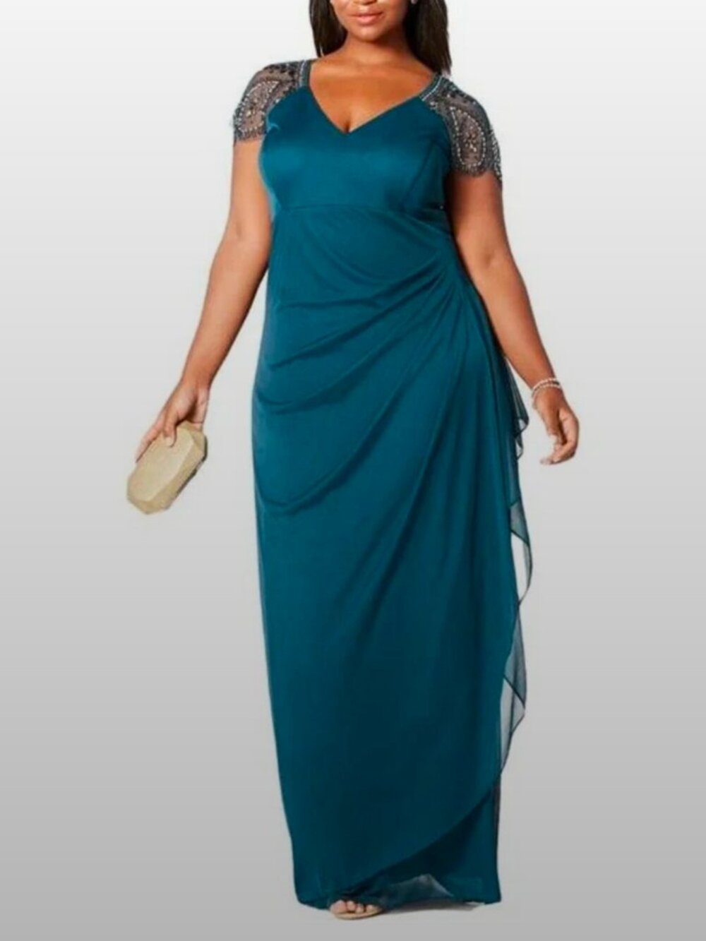 Xscape Teal Beaded SS V-Neck Formal Dress Sz 22 Plus Ruche Slimming Back Smocked